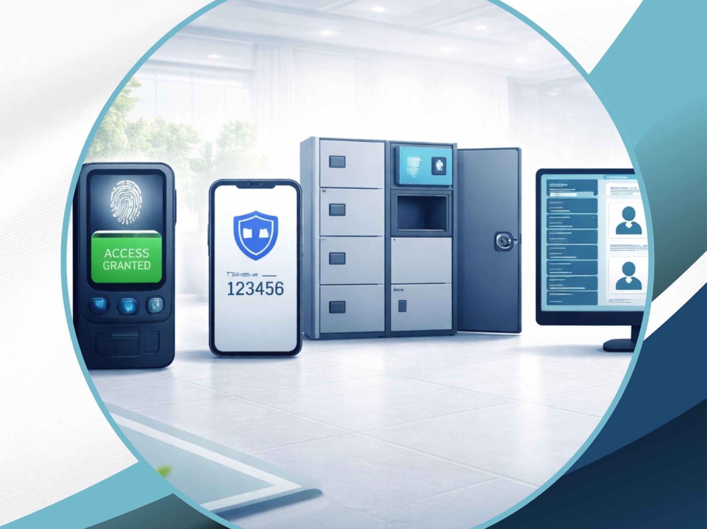 Smart bank locker management system showing biometric authentication device, mobile verification, secure digital lockers, and monitoring dashboard in a modern bank environment