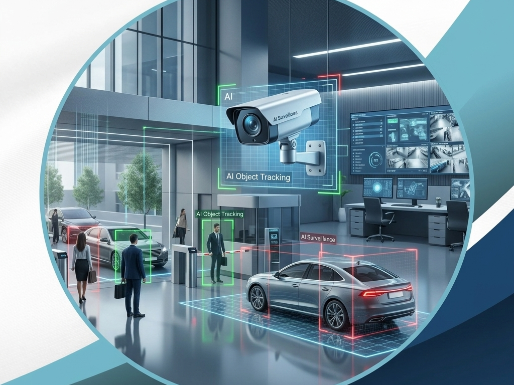 AI-based video analytics system monitoring vehicles and people in real time through a KritiLabs surveillance camera at a modern facility entrance.